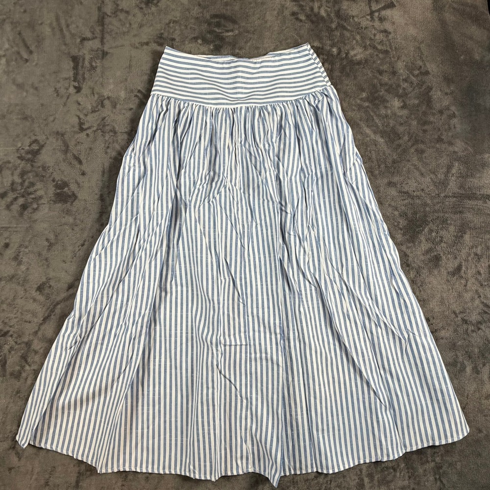 Blue White Striped High Waisted Maxi Skirt Size M Coastal Summer Full Length